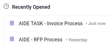 Recently opened processes section displaying recent workflow processes