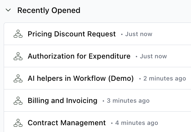 Recently opened processes section displaying recent workflow processes
