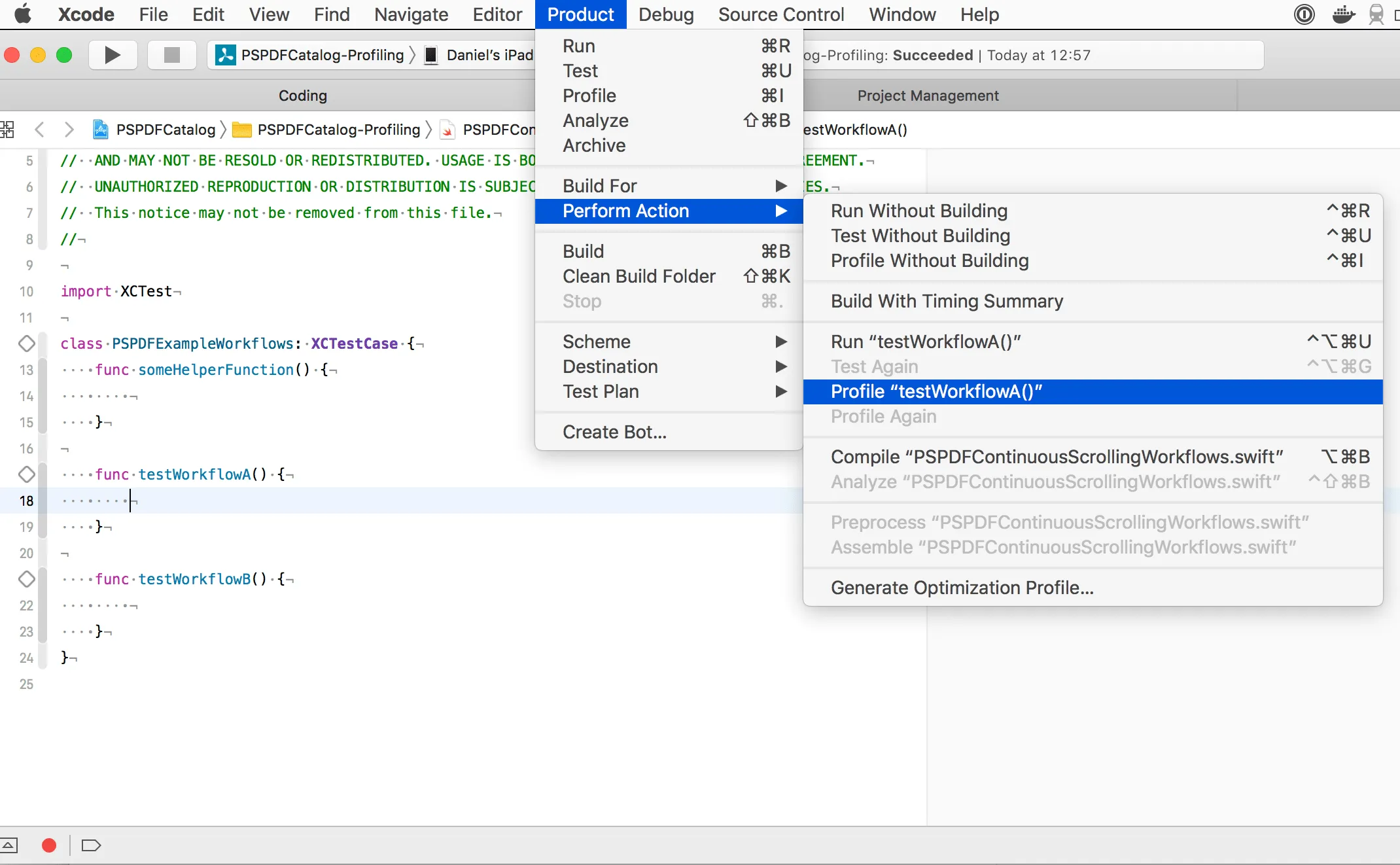 Text cursor placement for profiling a single test case