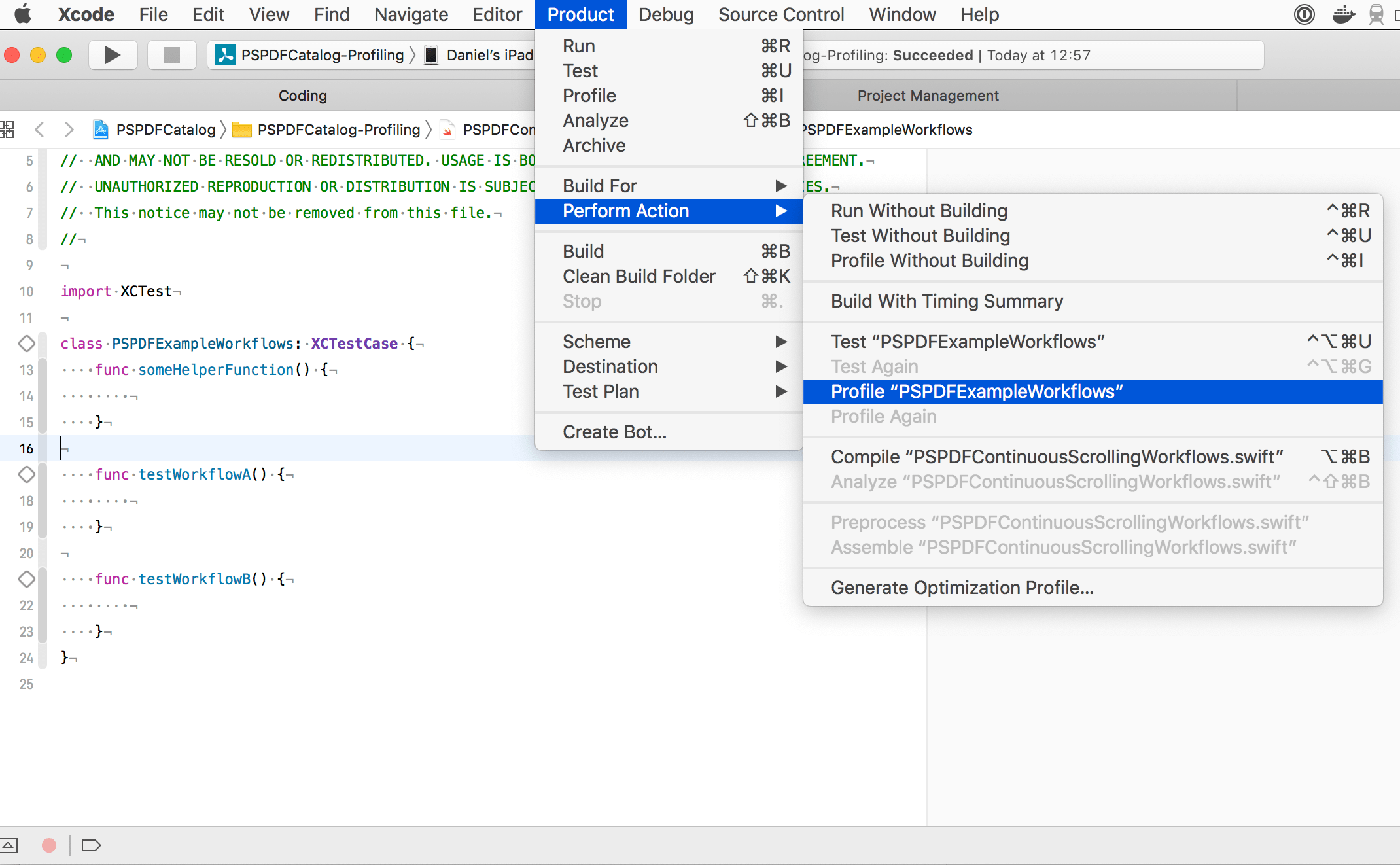 Text cursor placement for profiling the entire test class