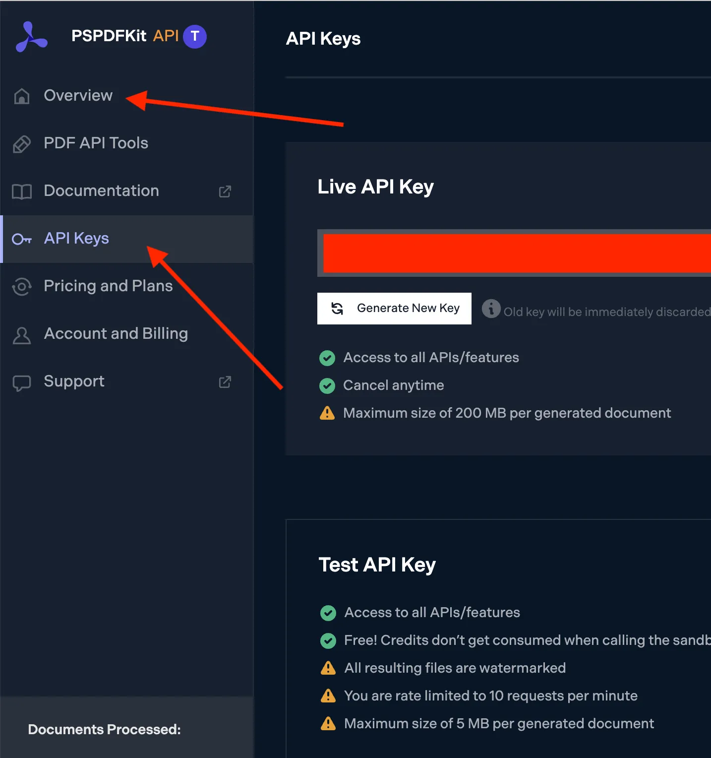 Image showing navigation to API keys on PSPDFKit API’s dashboard