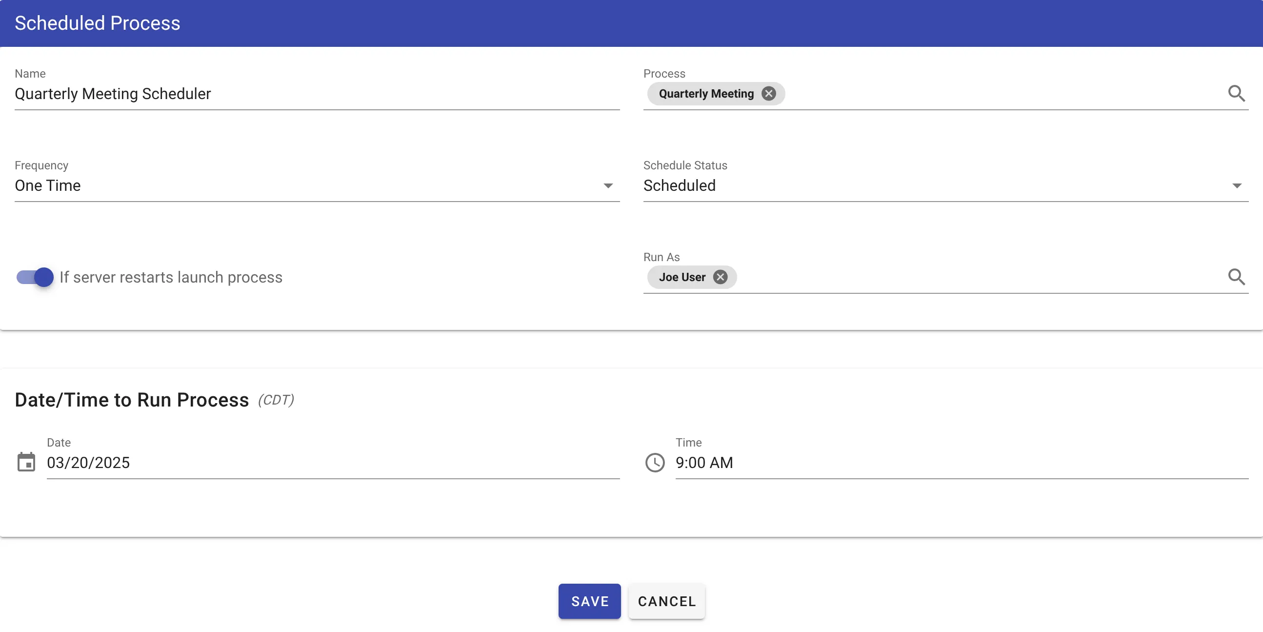 Scheduler set to run one time on March 20th