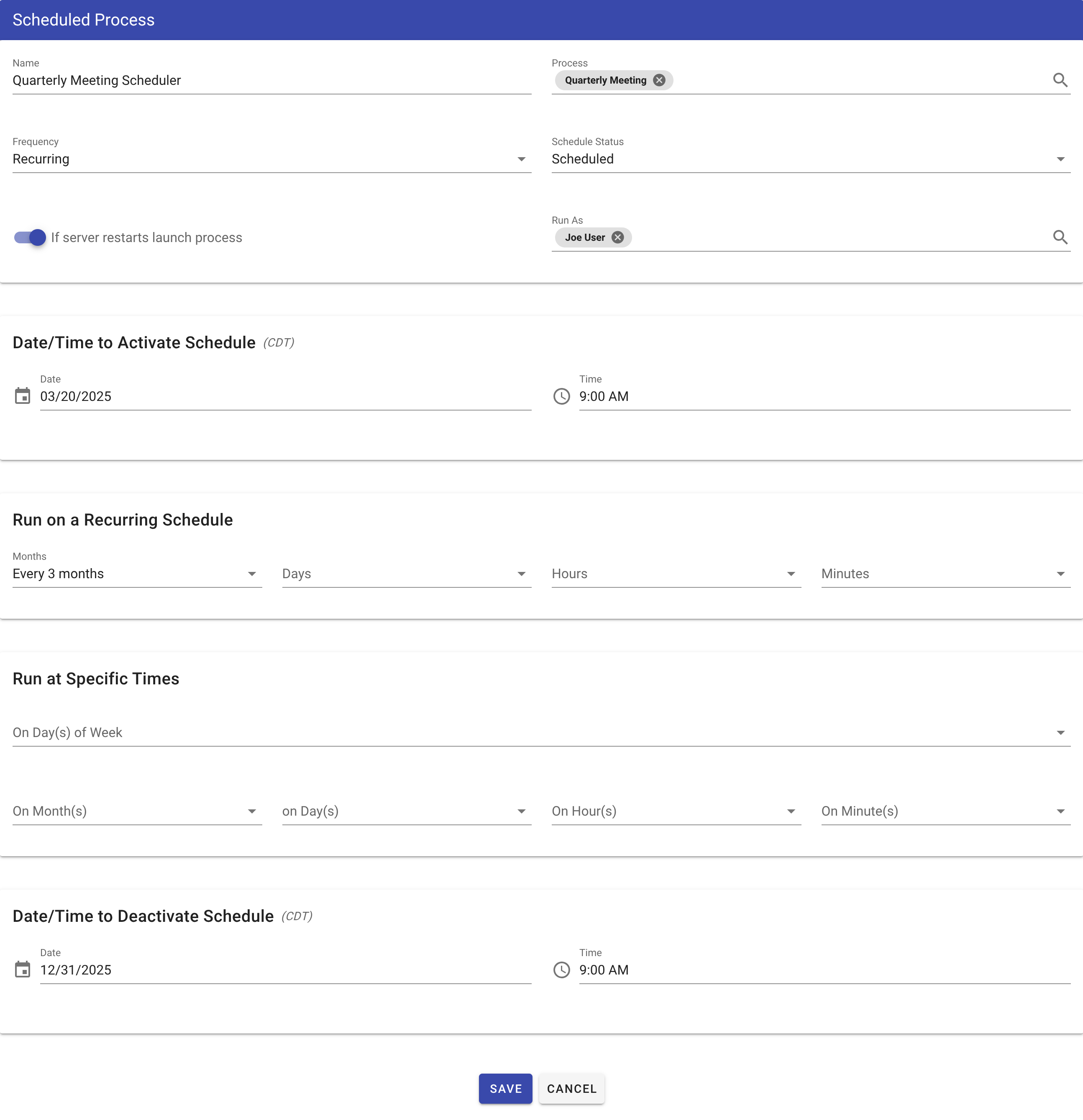 Scheduler configuration form with fields for name, process, start date/time, and recurring schedule settings