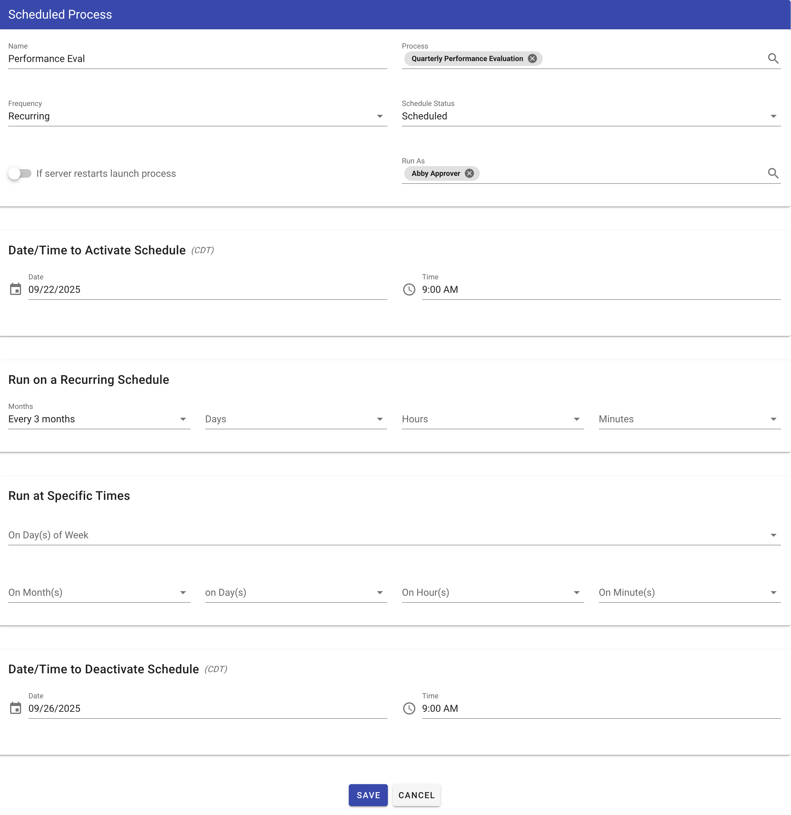 Quarterly evaluation schedule configuration example showing monthly recurrence settings for every three months