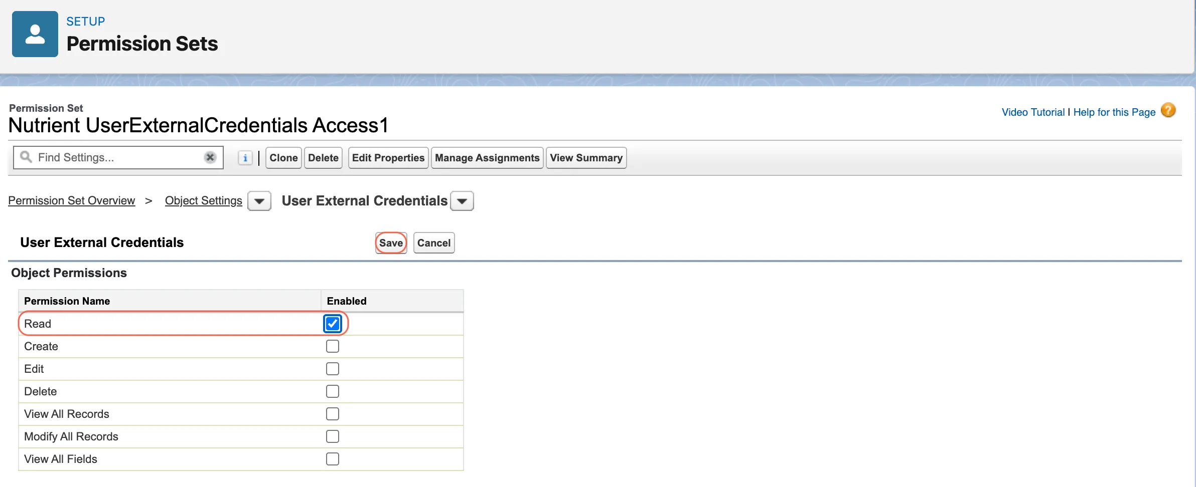 User External Credentials permissions showing Read access enabled