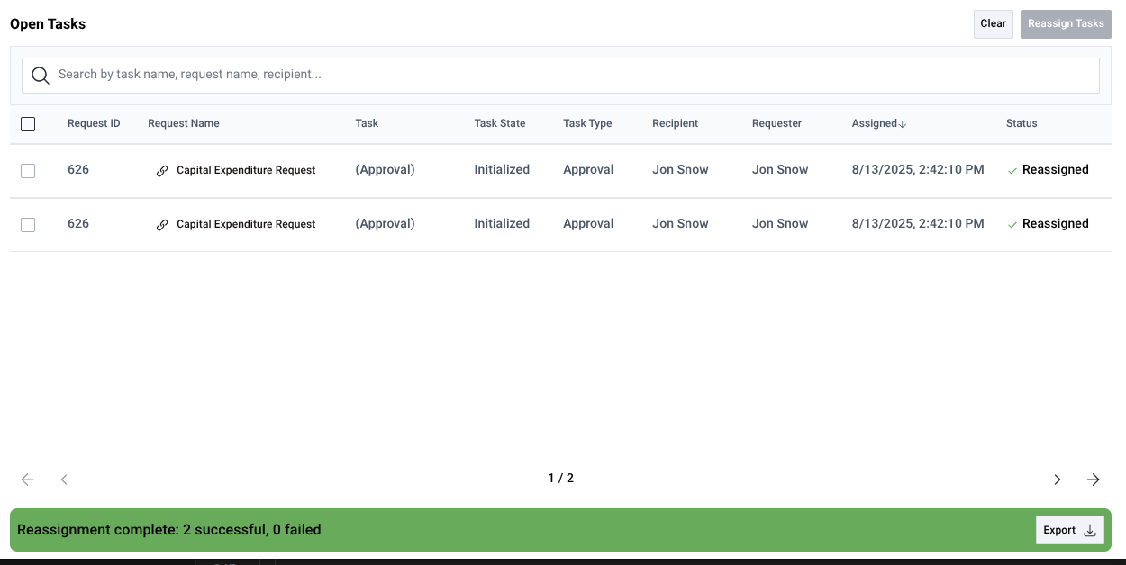 Completed reassignment results screen with export log option button for downloading reassignment history