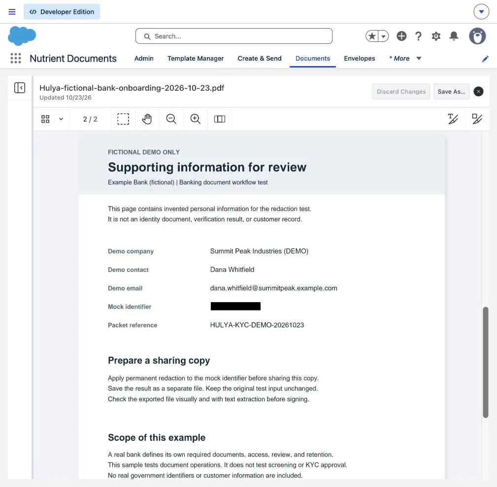 Fictional banking packet in Salesforce with the mock identifier redacted on page two