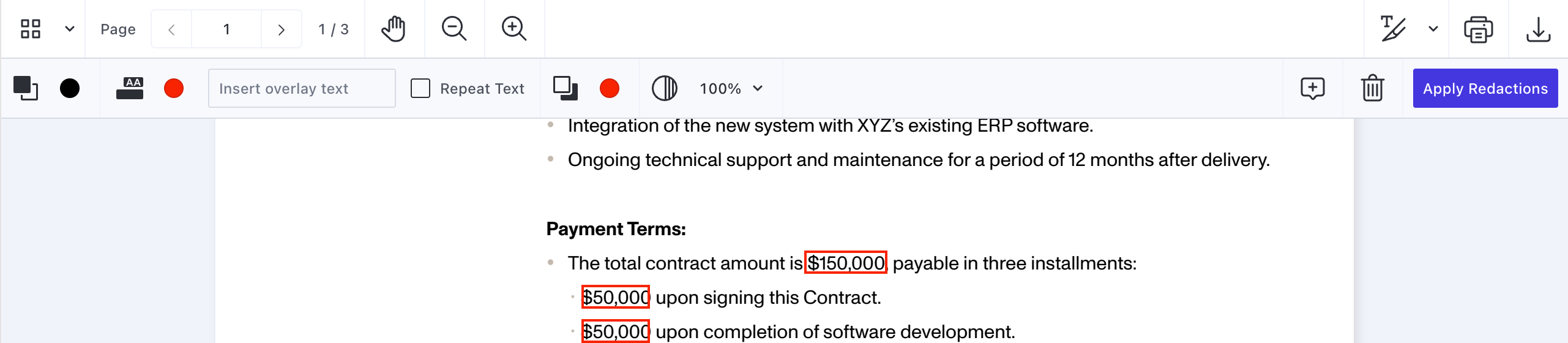 Toolbar options for redaction annotations
