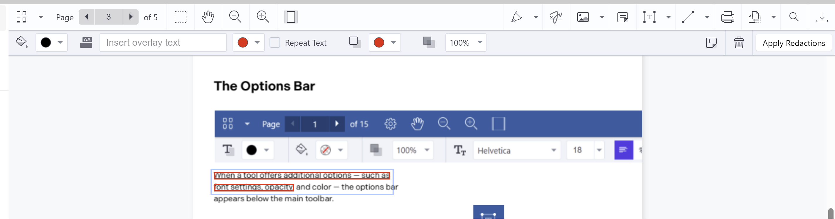 Redaction toolbar