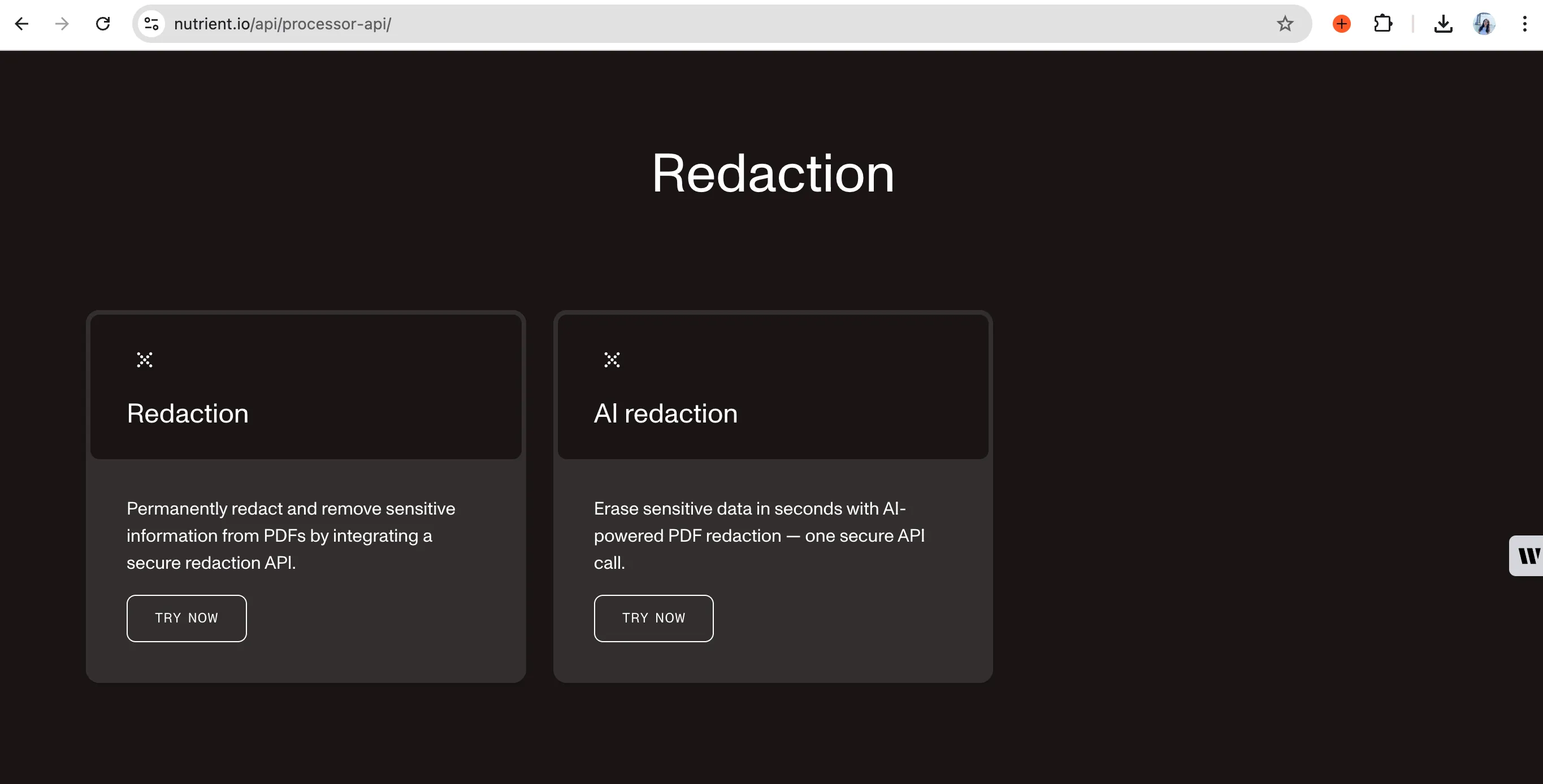 Screenshot showing Nutrient’s two redaction approaches: AI-powered semantic analysis for complex documents and regex-based pattern matching for structured content