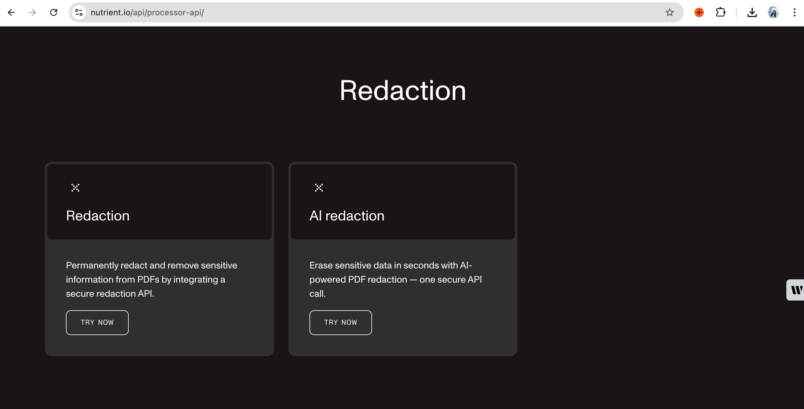 Screenshot showing Nutrient’s two redaction approaches: AI-powered semantic analysis for complex documents and regex-based pattern matching for structured content