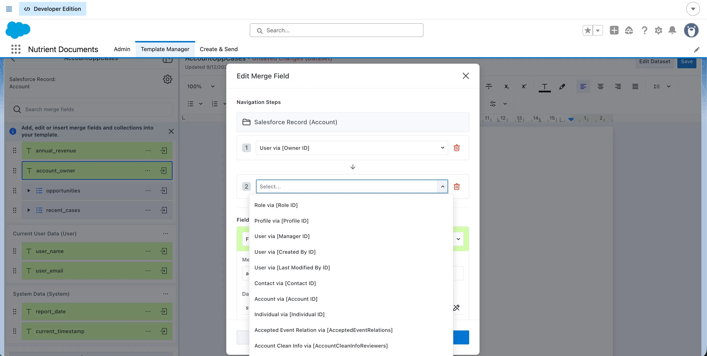 Navigation step dialog in Template Manager showing related Salesforce records and relationship labels in brackets