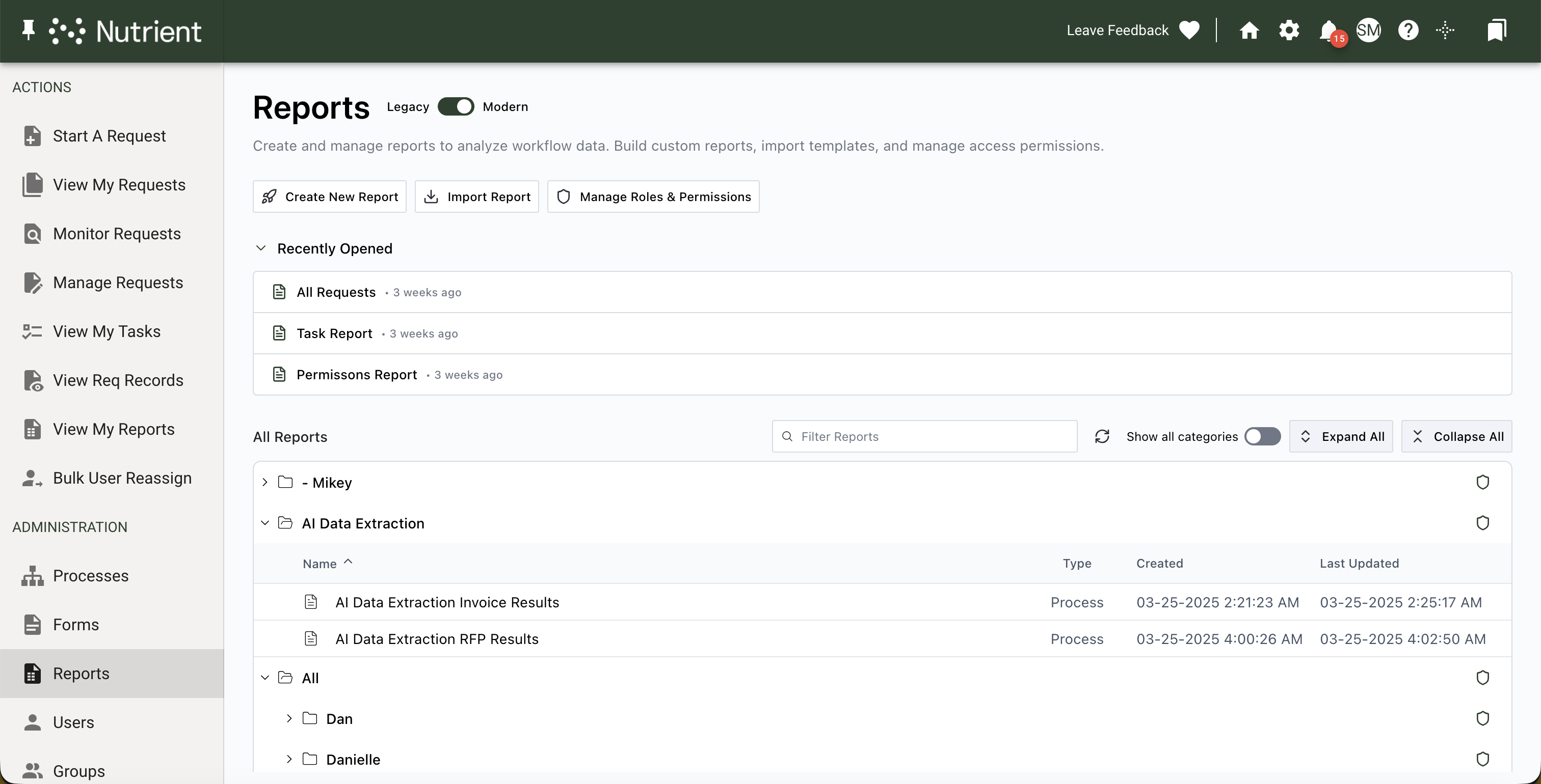 Reports page showing Create New Report option