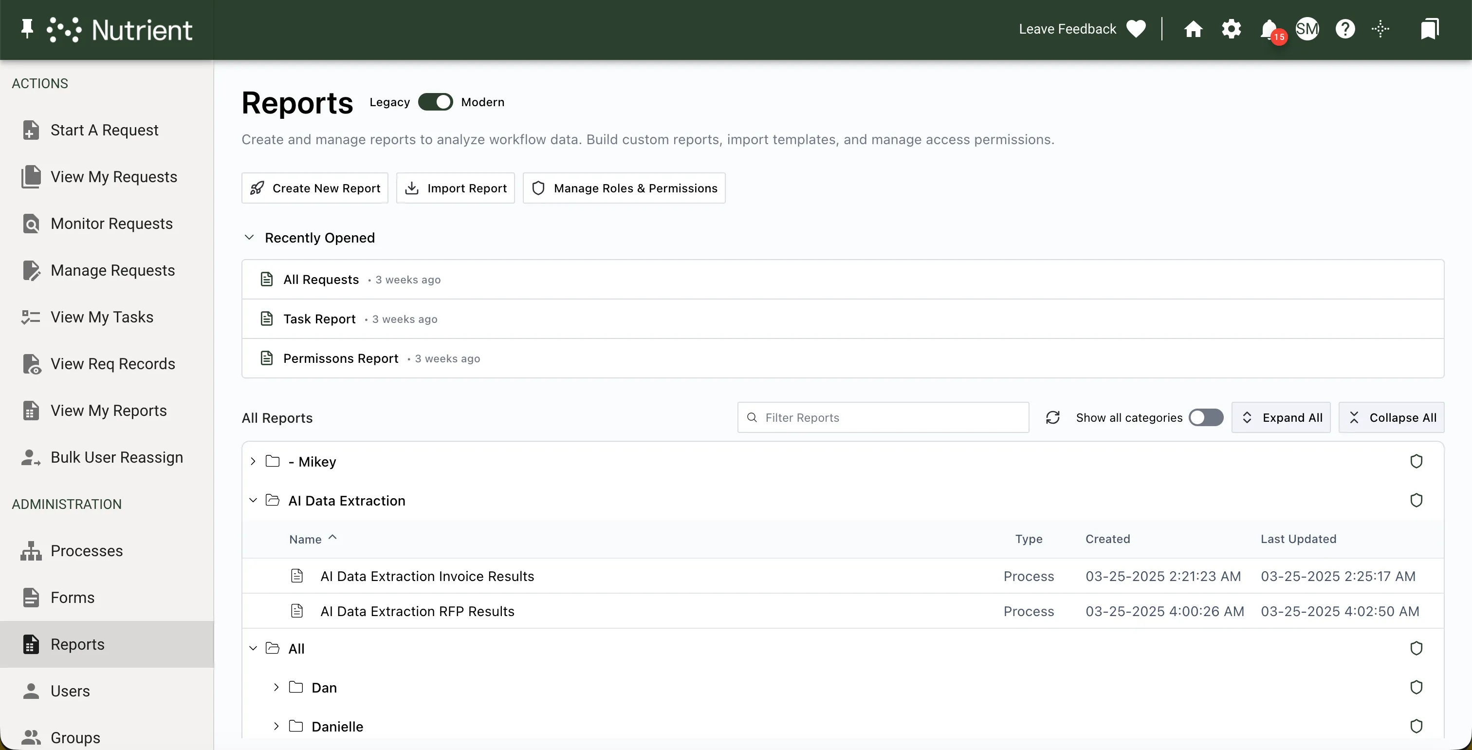 Reports page showing Create New Report option