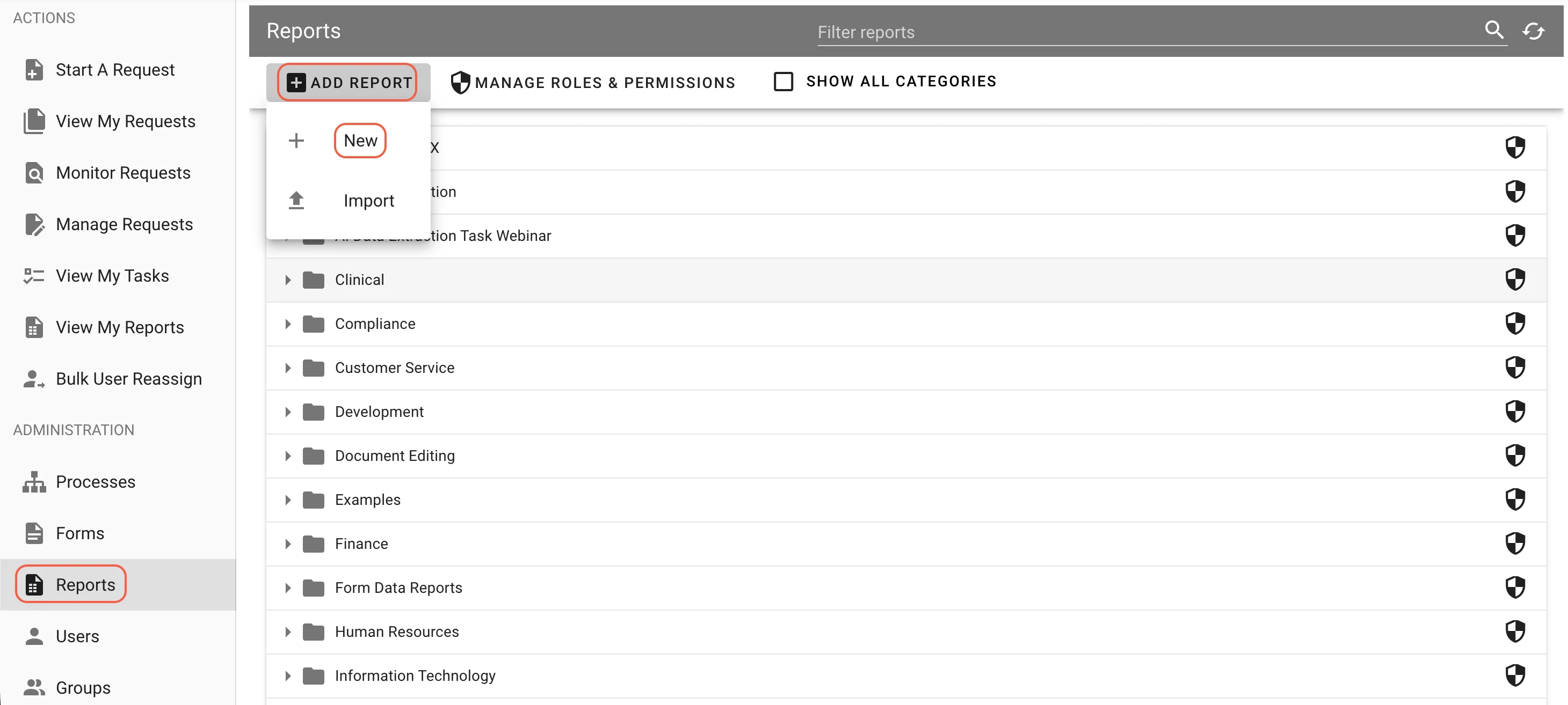 Create New Report button in Quick Actions