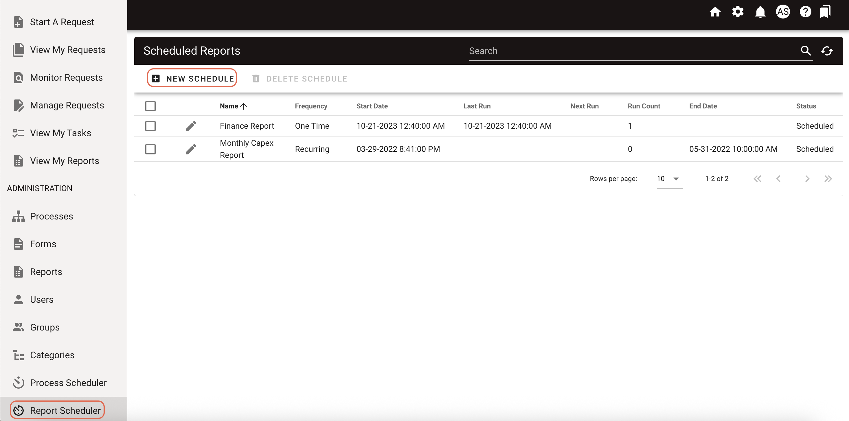 Report Scheduler interface showing New Schedule button and list of configured schedules