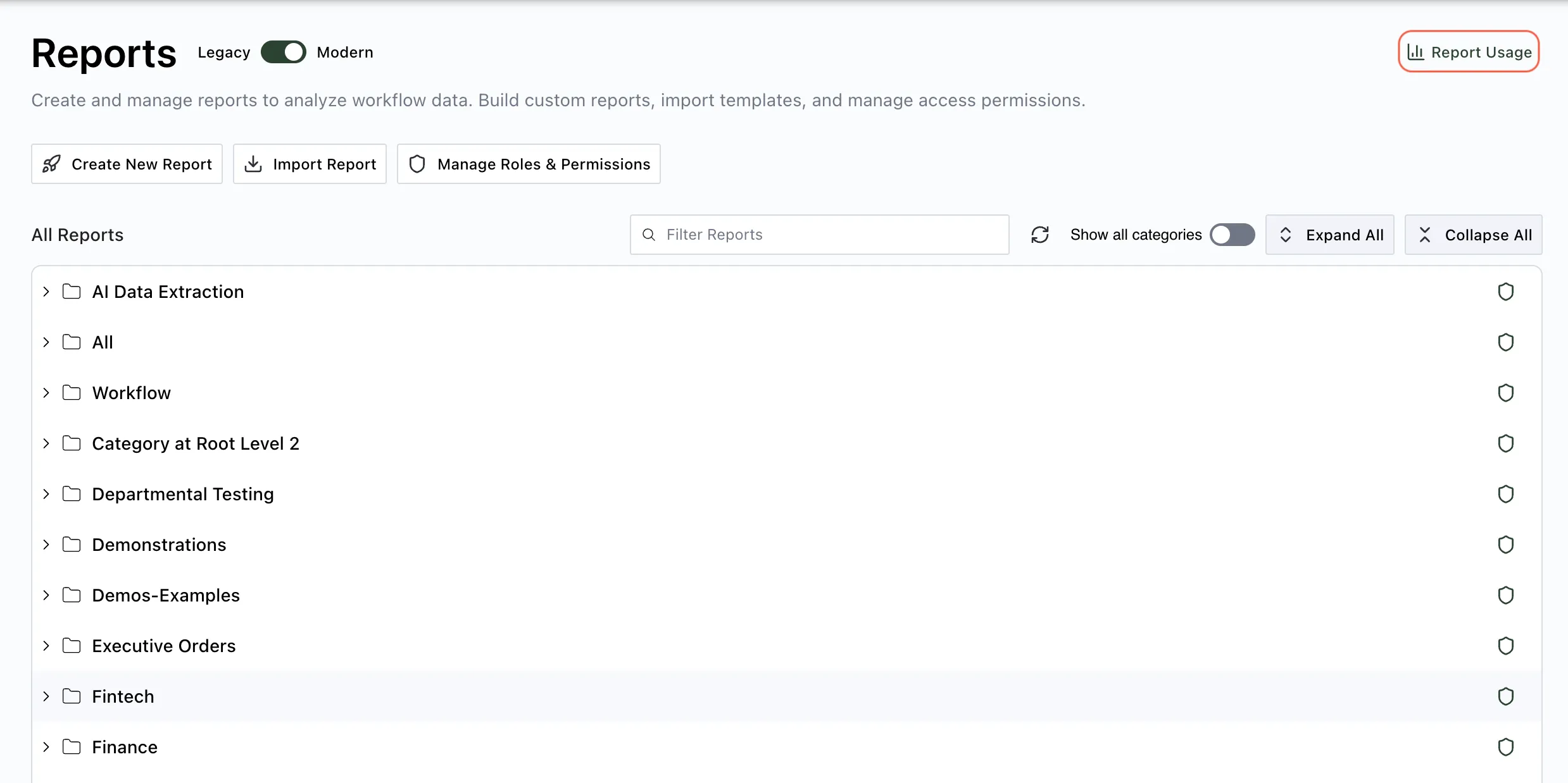 Reports page showing the Report Usage button