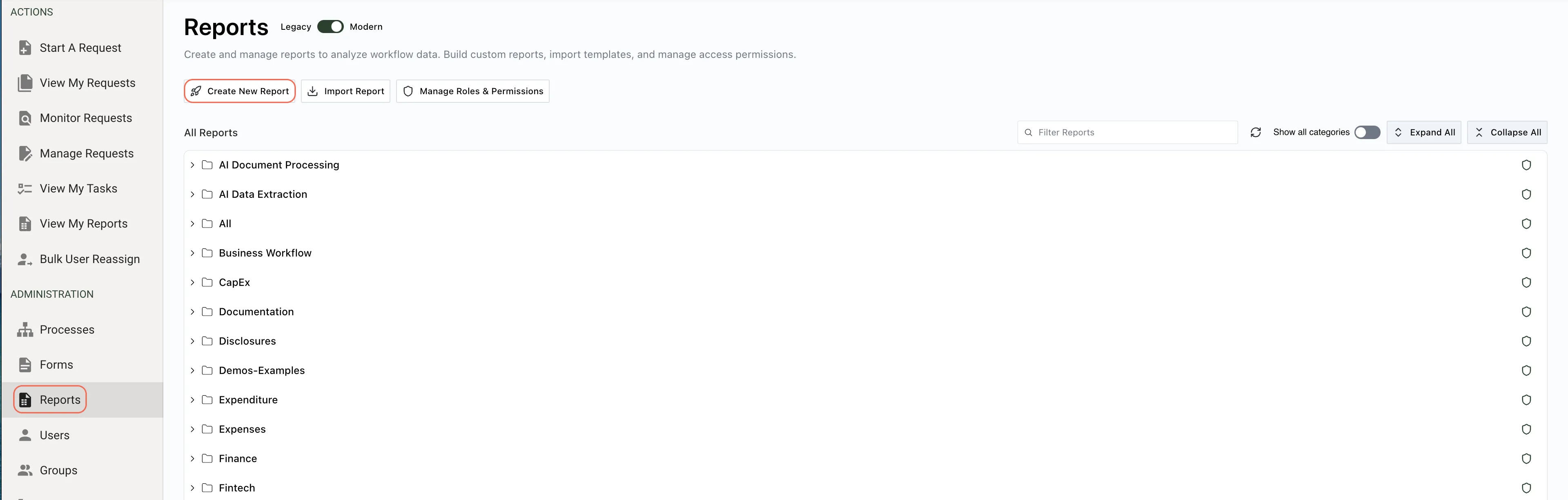 Reports page showing Create New Report option