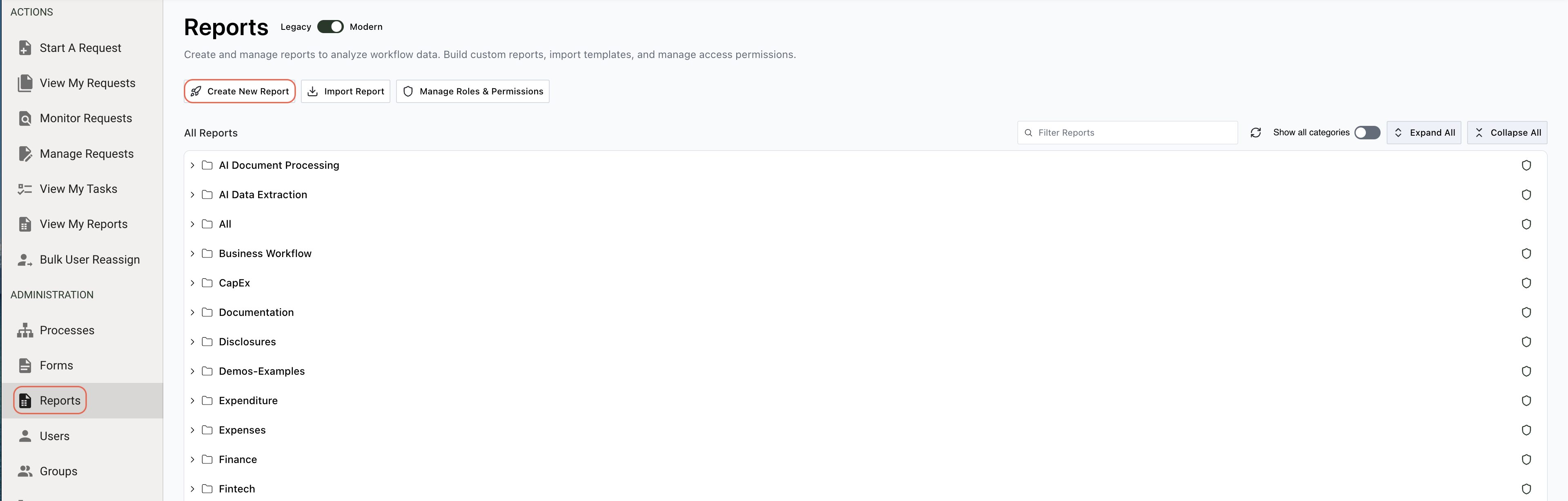 Reports library main interface showing available reports