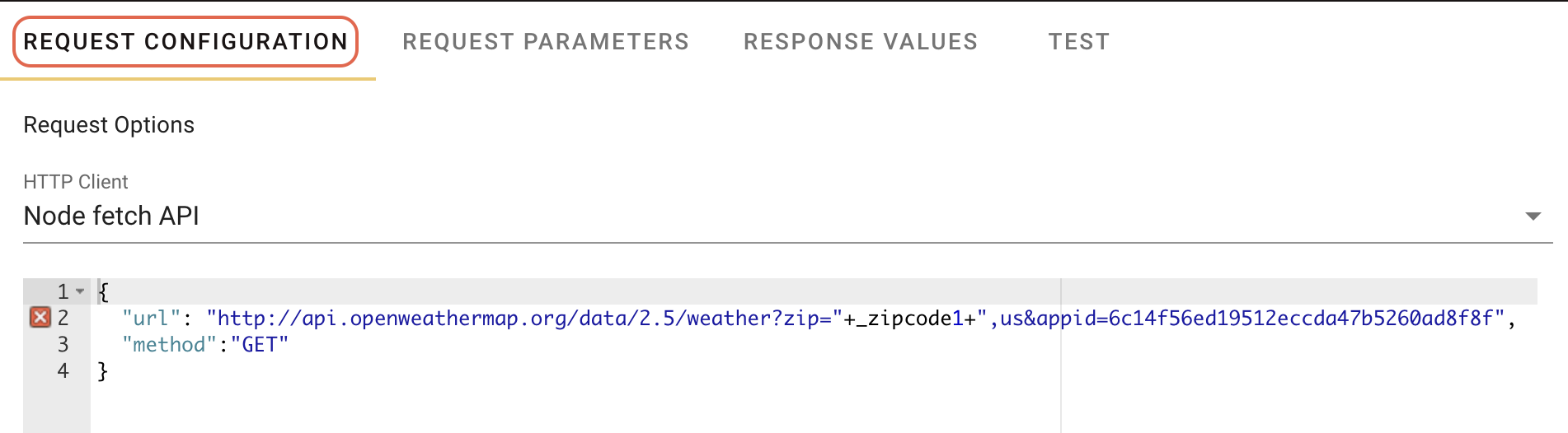 Request Configuration tab showing URL and JSON configuration options