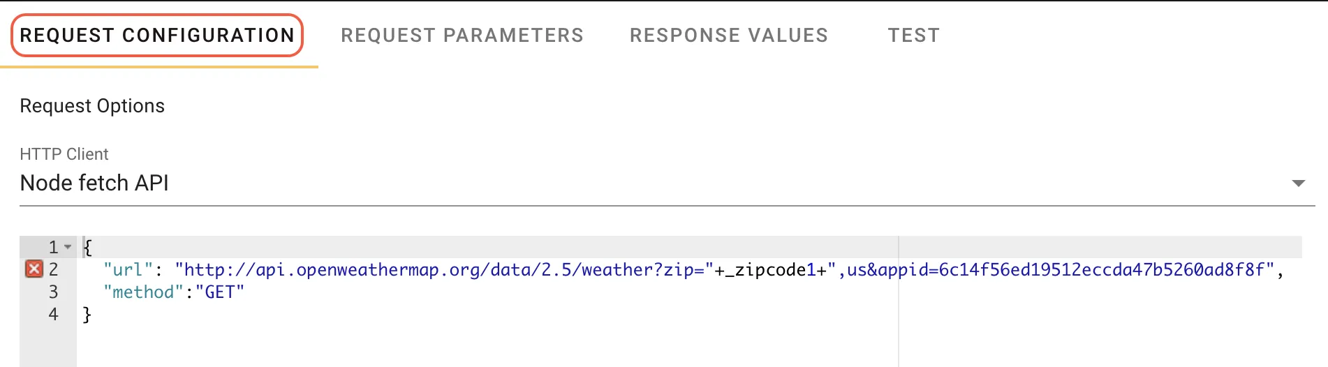 Request Configuration tab showing URL and JSON configuration options