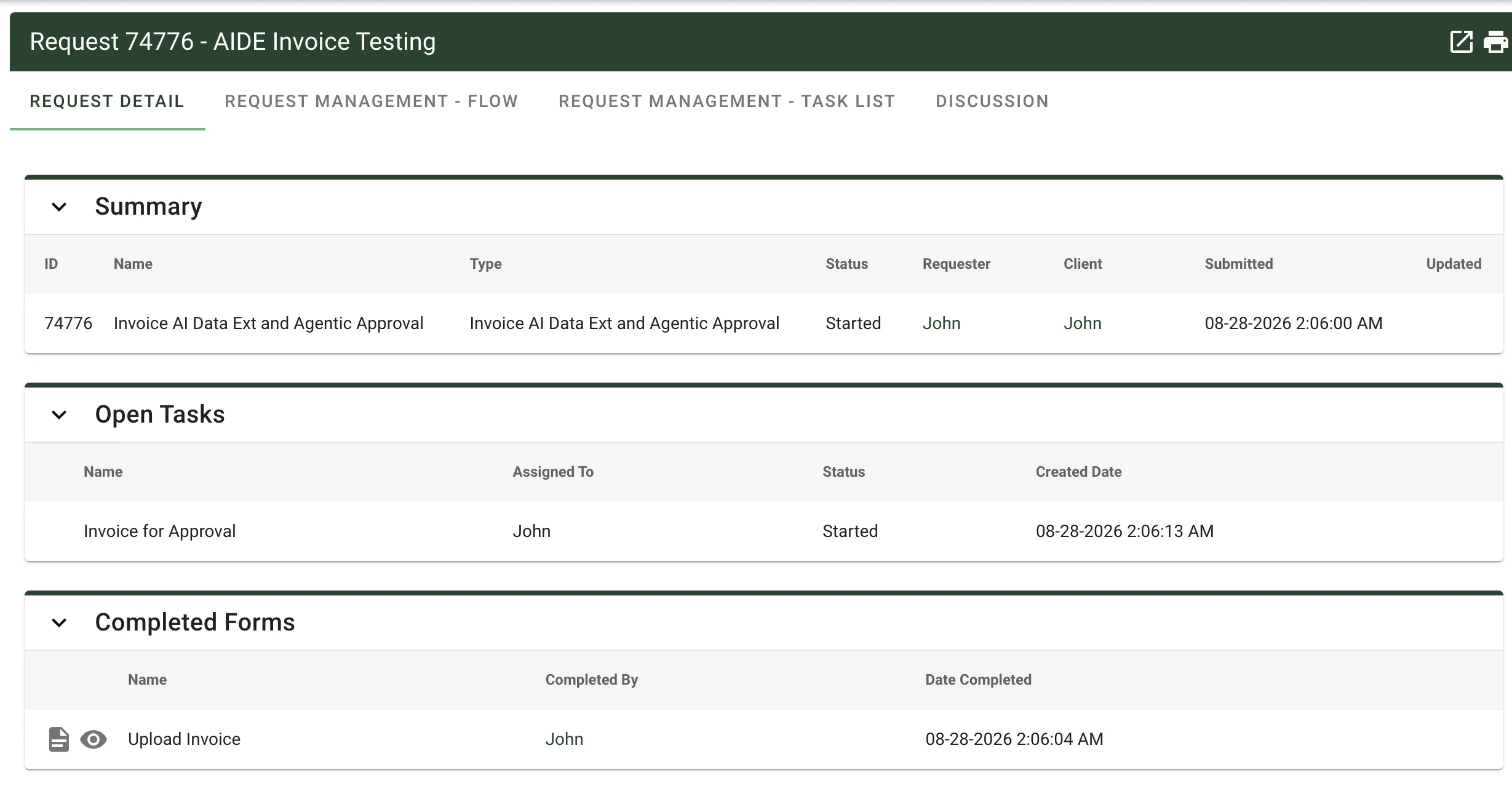Request Detail tab showing request summary and history