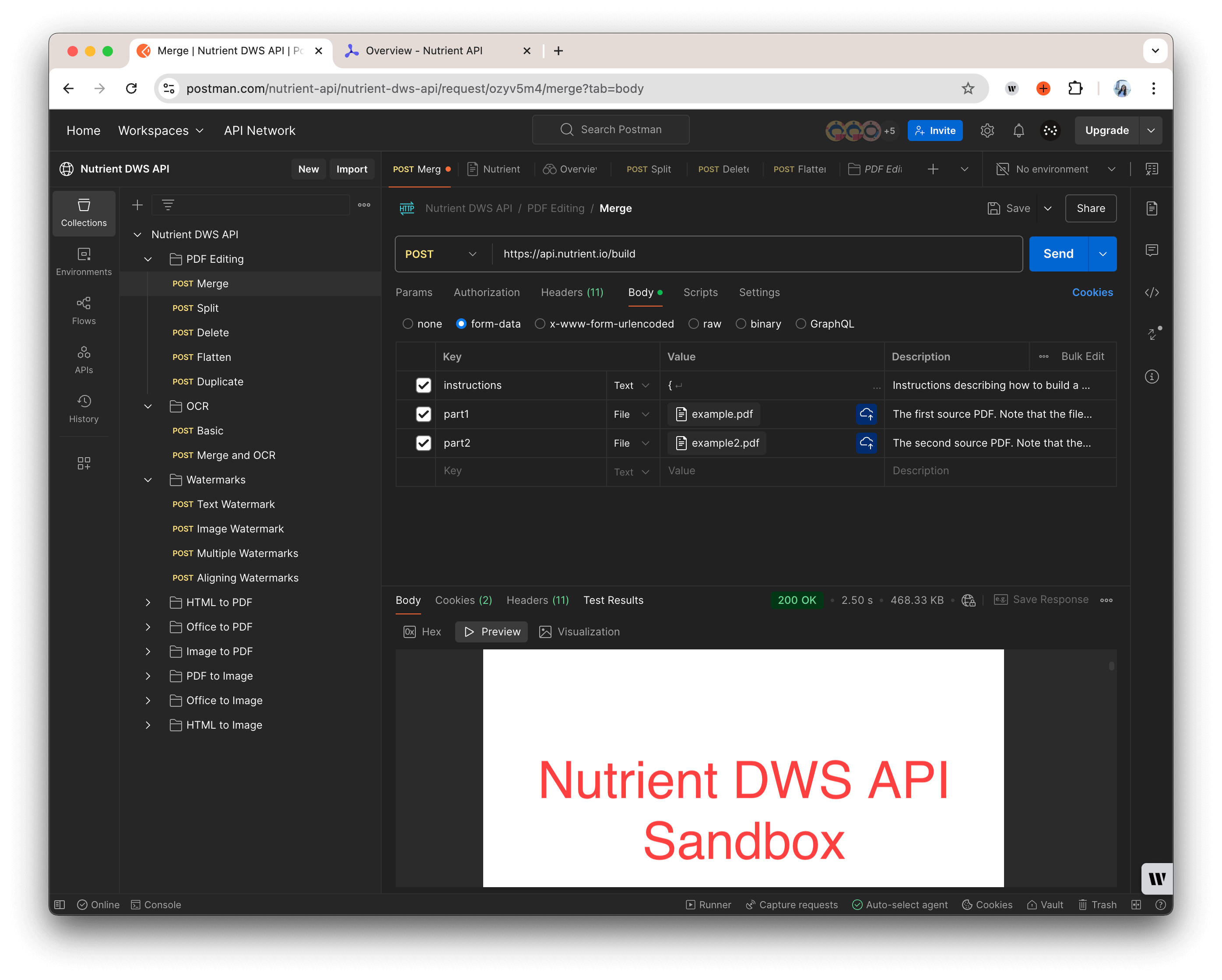 Screenshot of a request being sent in Postman, showing the response preview in the lower panel