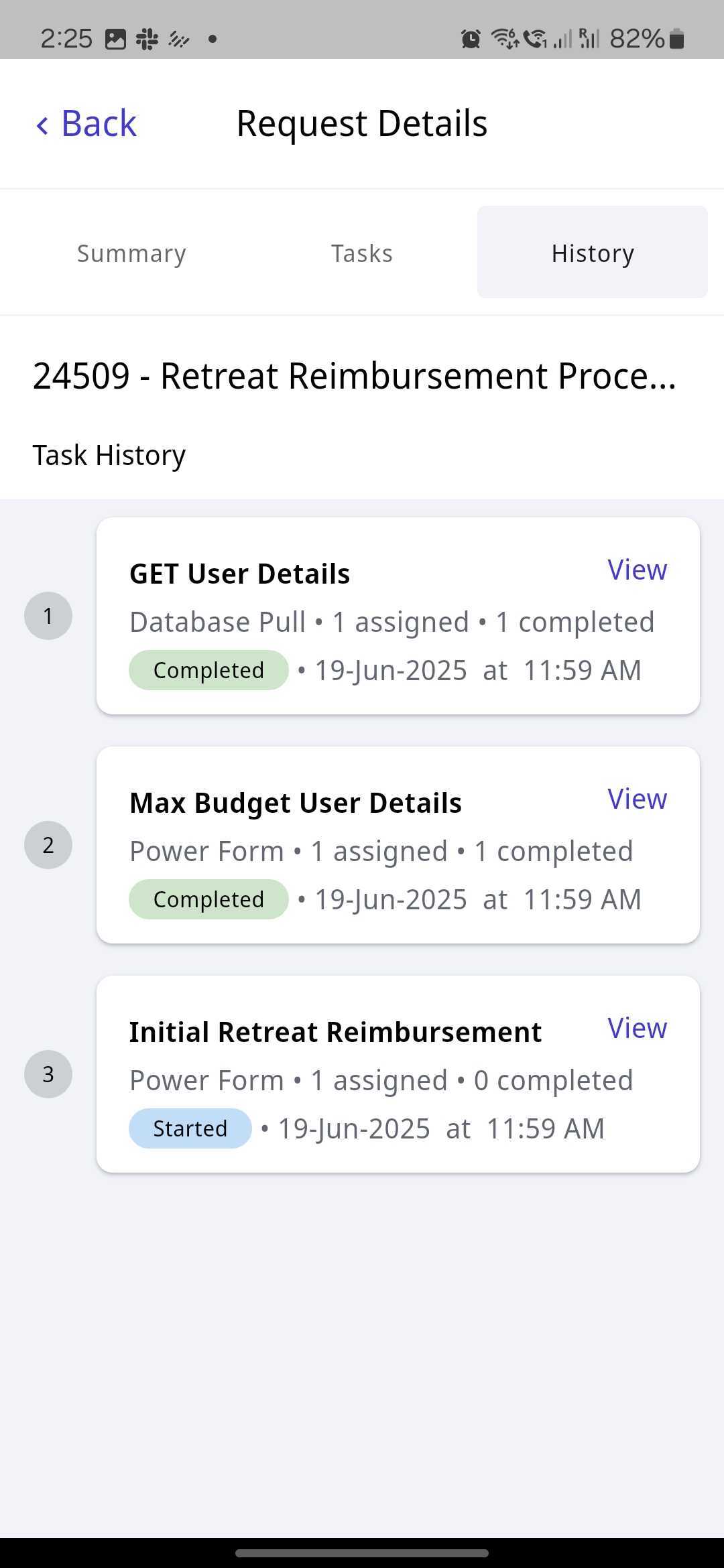 Nutrient Workflow Automation mobile app Request Details History tab showing completed and in-progress tasks with different task types