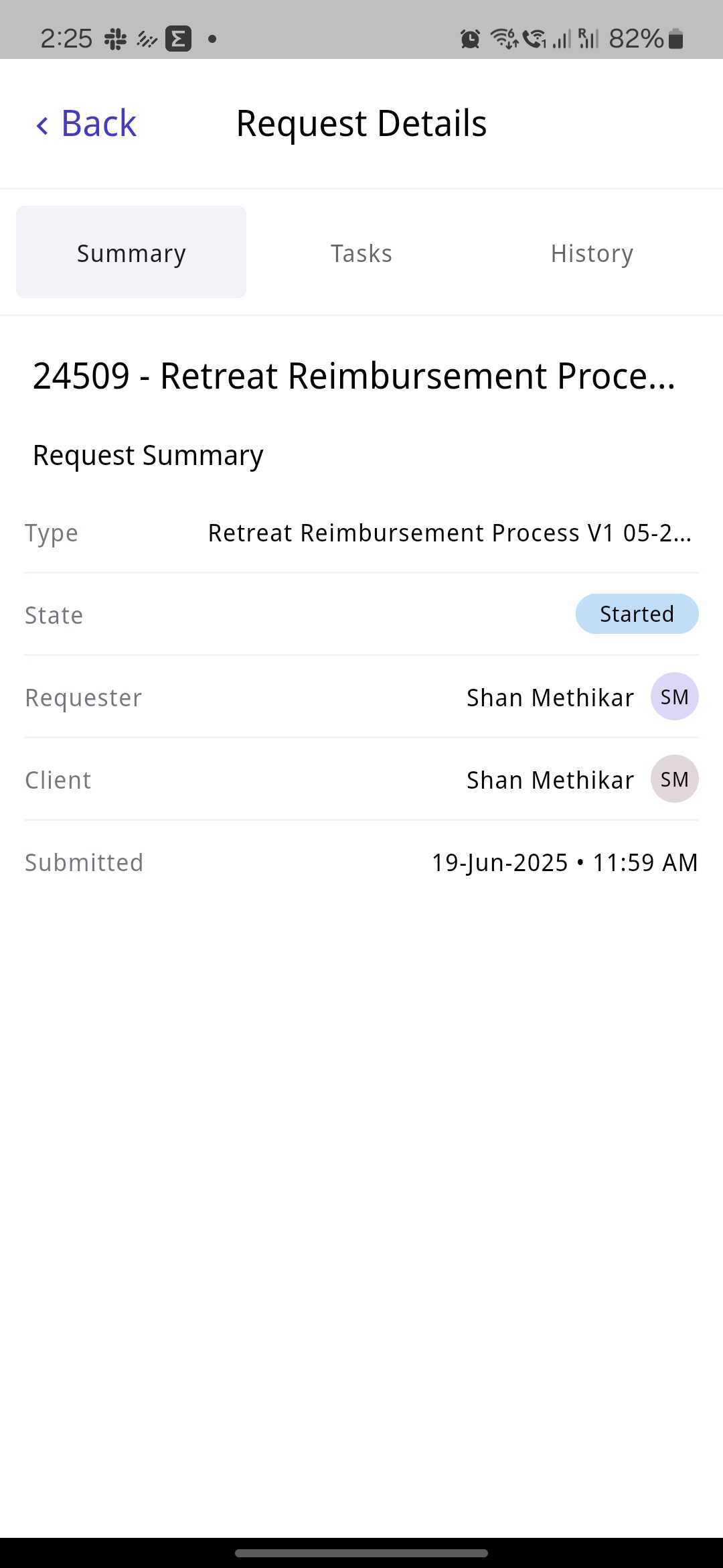 Nutrient Workflow Automation mobile app Request Details Summary tab showing request information and status