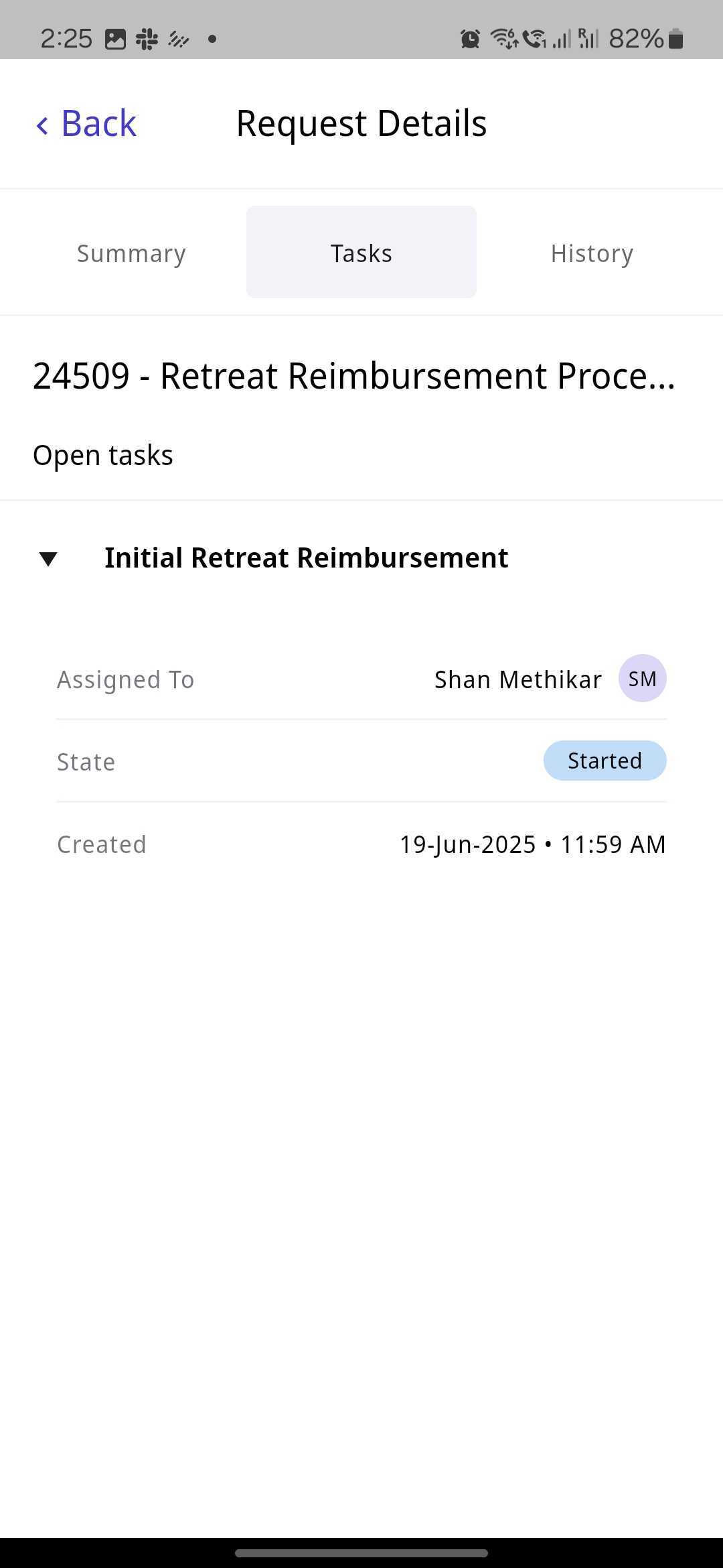 Nutrient Workflow Automation mobile app Request Details Tasks tab showing open tasks and assignments