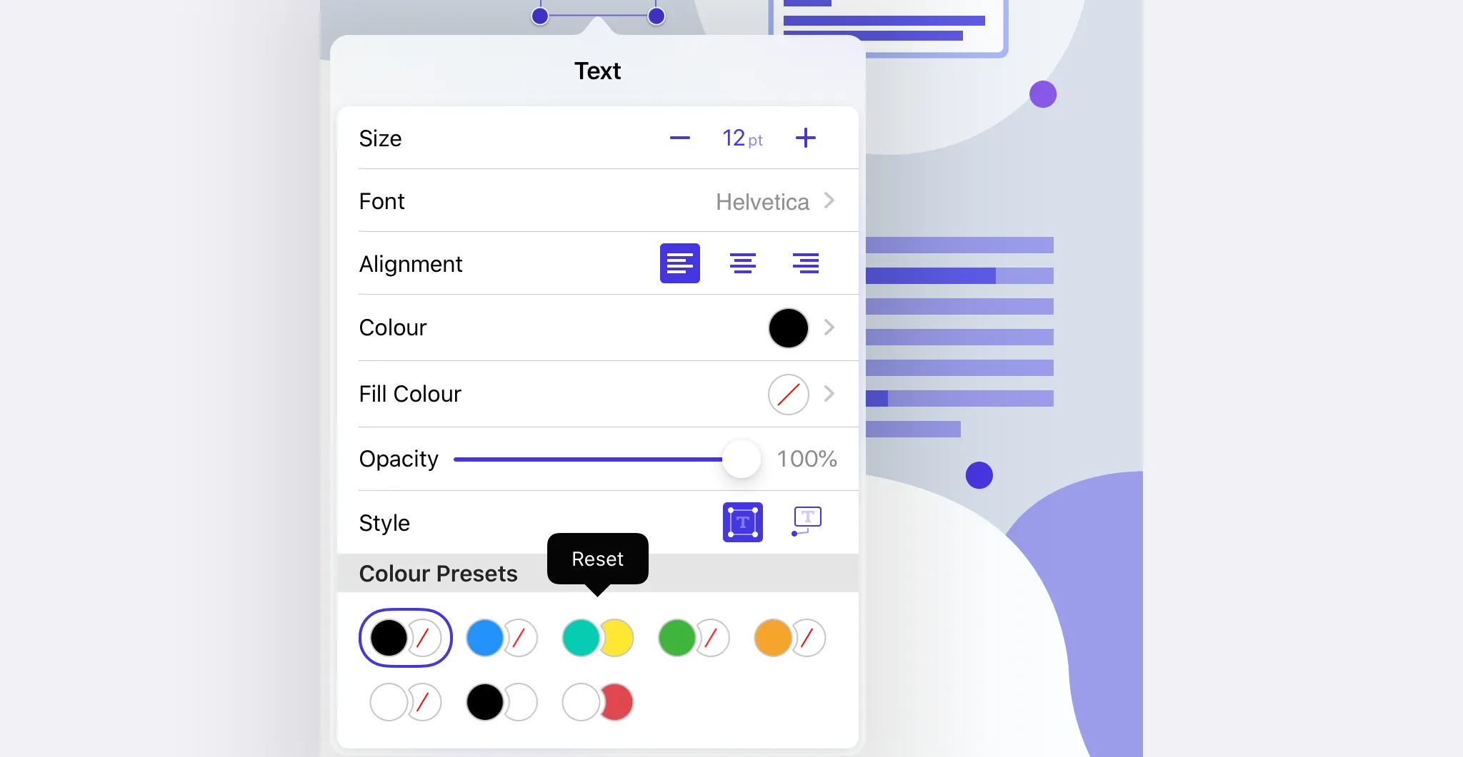 Screenshot of PSPDFKit’s annotation inspector showing a small menu over one item in a grid of pairs of colour. The menu has one option: reset.