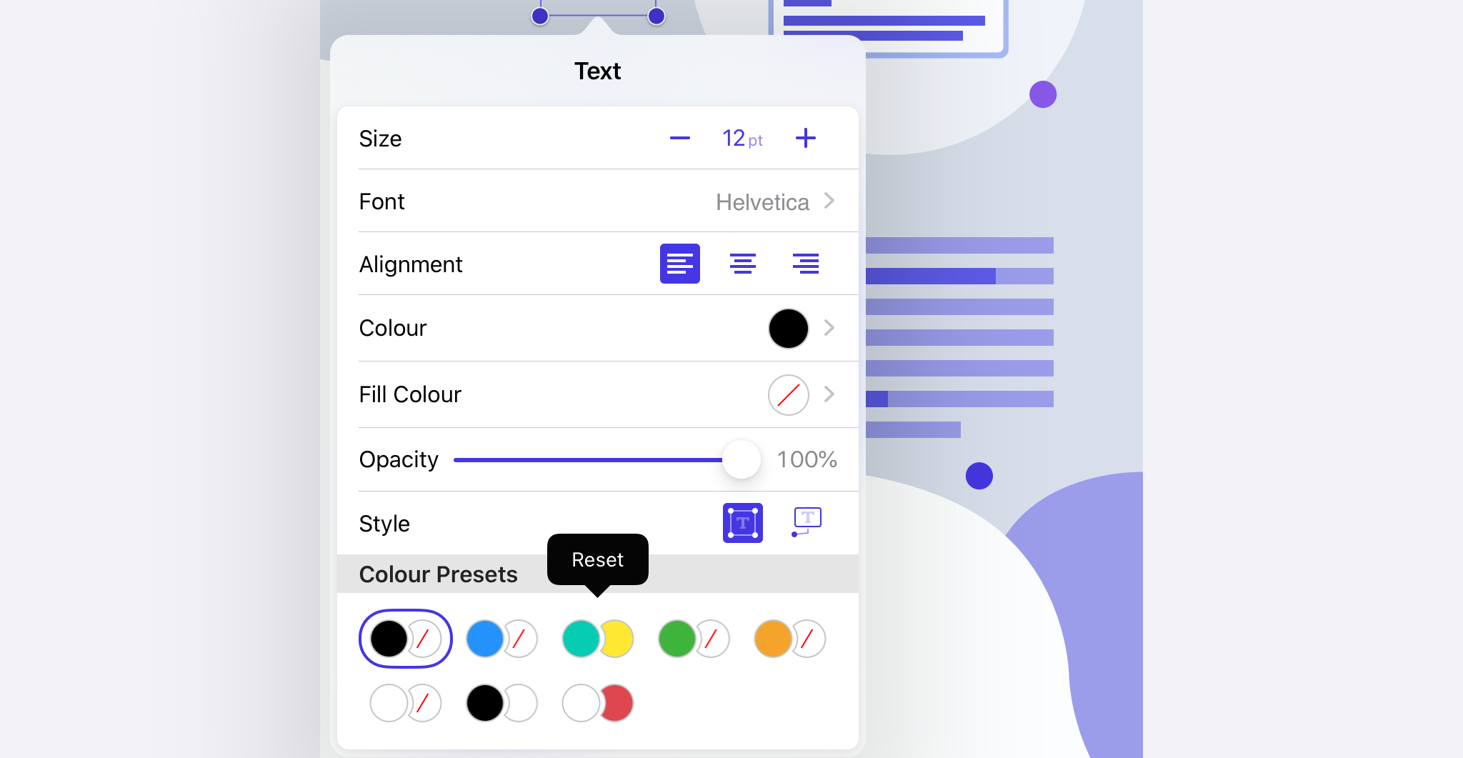 Screenshot of PSPDFKit’s annotation inspector showing a small menu over one item in a grid of pairs of colour. The menu has one option: reset.