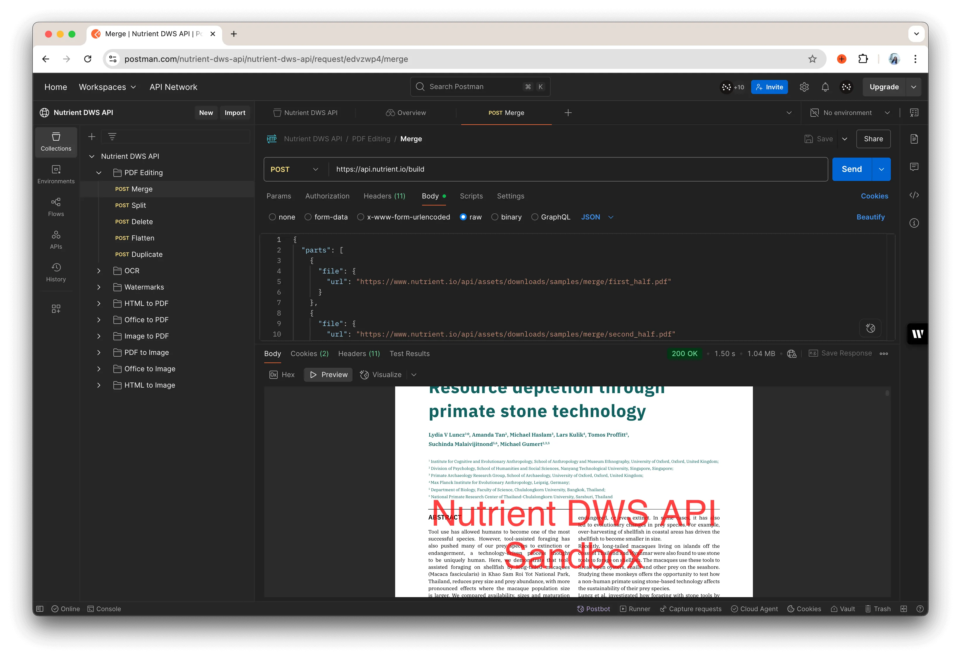 Screenshot of the Postman interface with a merge request example selected and the rendered PDF preview displayed in the response panel