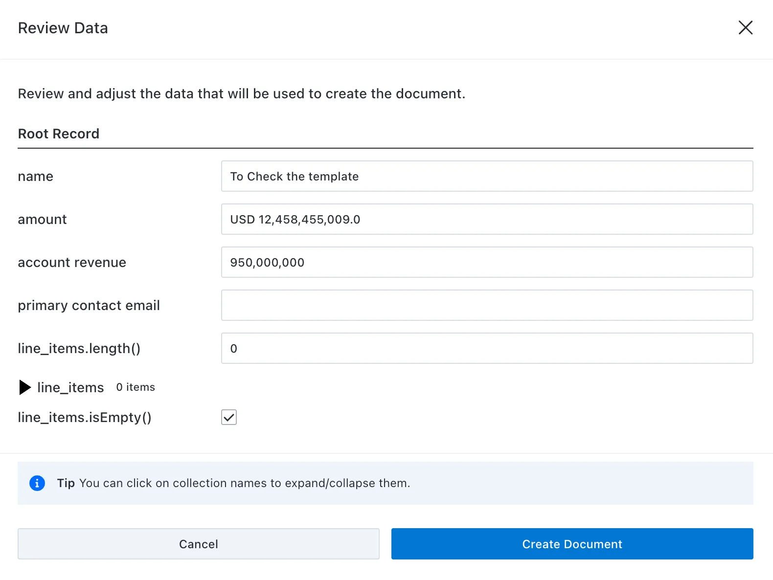 Review Data dialog showing fields that will populate the document