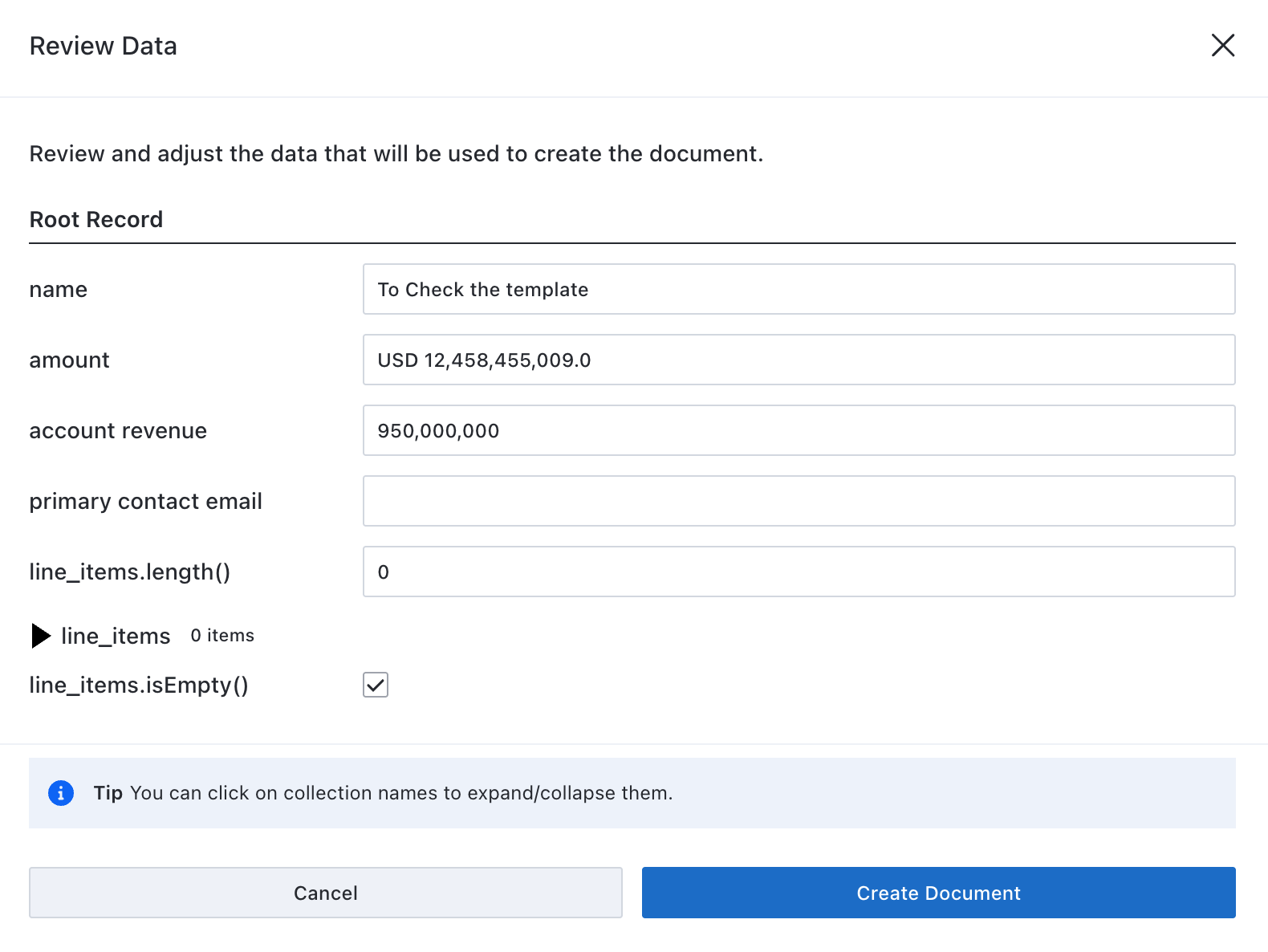 Review Data dialog showing fields that will populate the document
