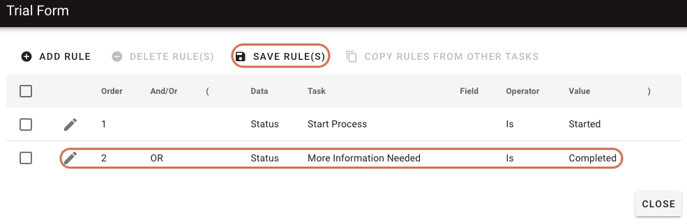Rule configuration with OR condition