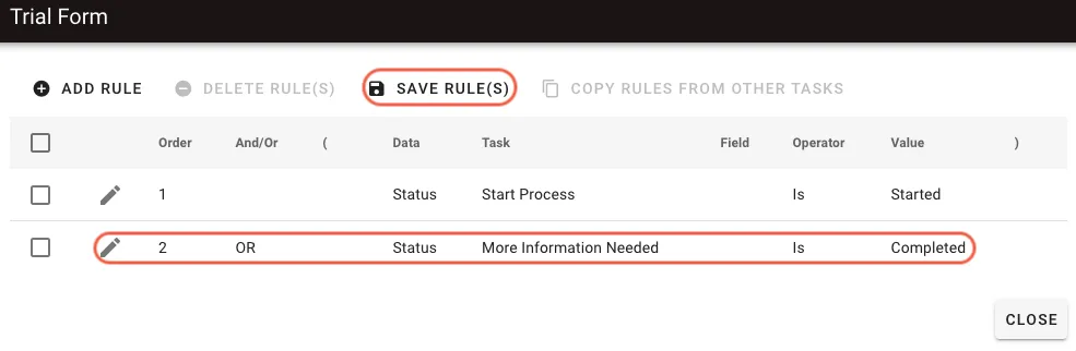 Rule configuration with OR condition