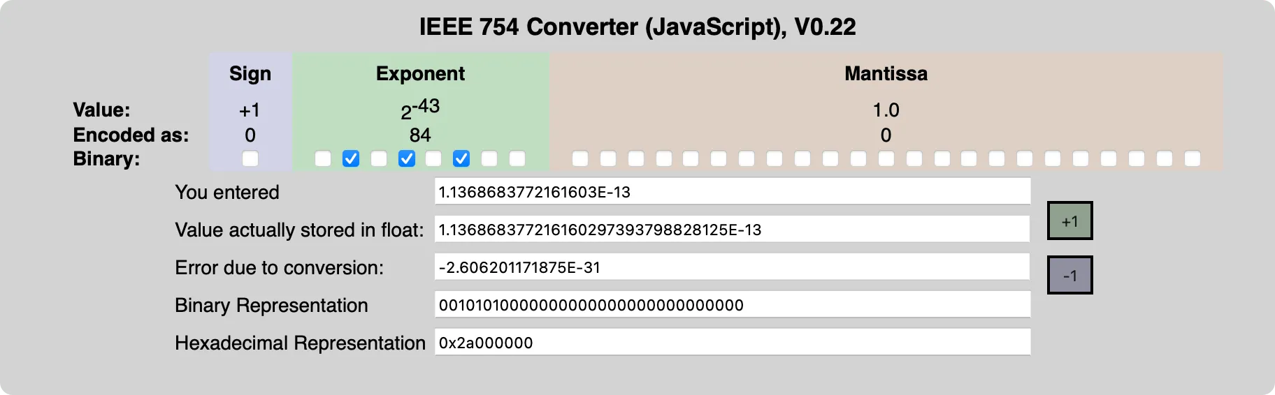 IEEE-754 Floating Point Converter given 1.1368683772161603 times 10 to the power of -13 as input.