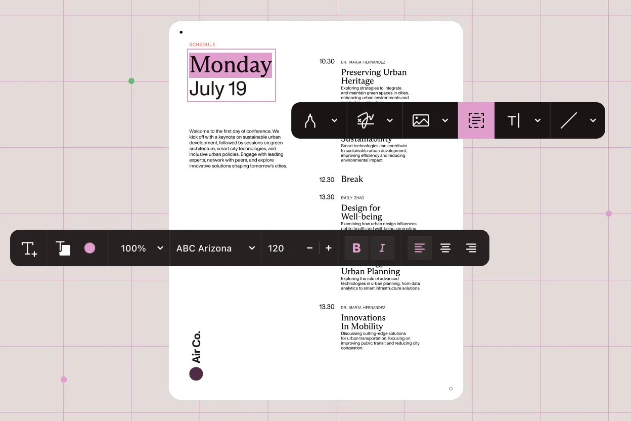 A conference schedule document open in the Nutrient editor with annotation and text formatting toolbars visible
