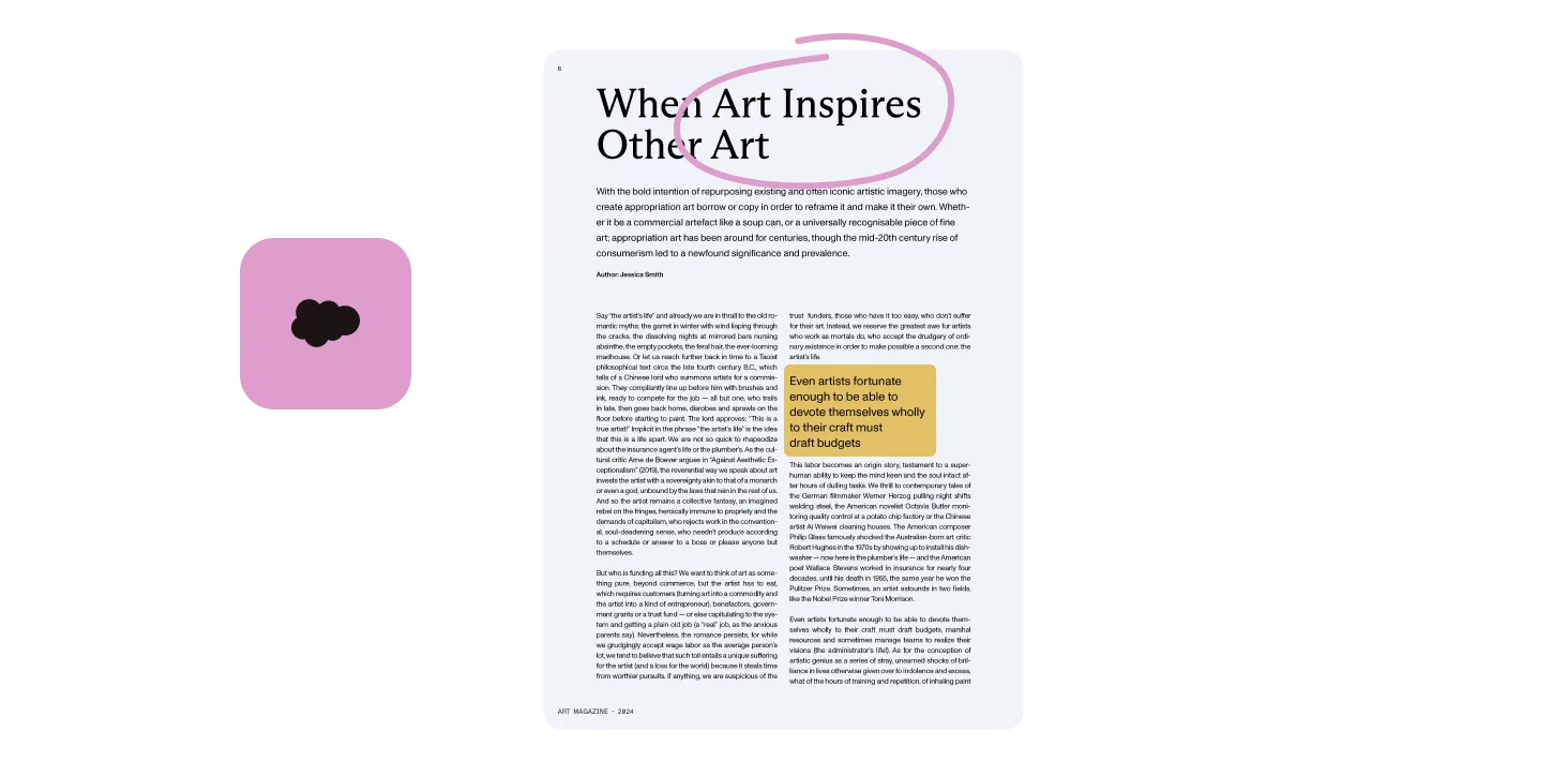 A magazine article titled When Art Inspires Other Art with highlighted text being edited in the Nutrient document editor