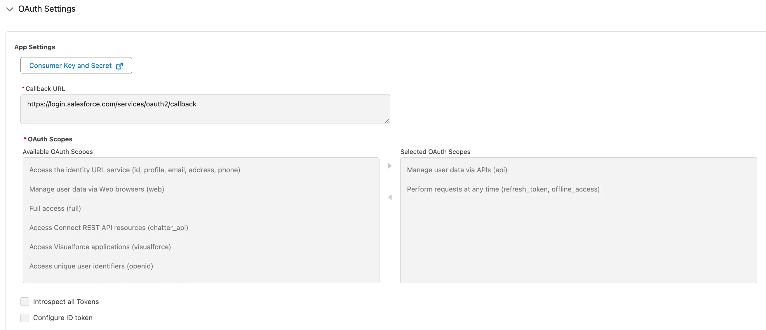 Salesforce External Client App OAuth settings showing where to copy the consumer key