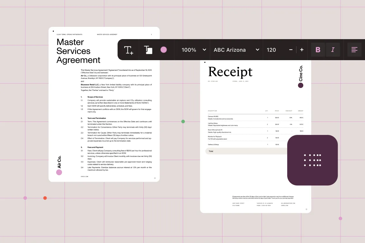 A Master Services Agreement and a receipt document open in the Nutrient editor with text formatting toolbar visible