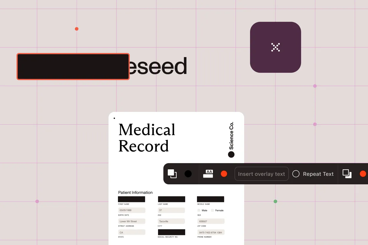 A PDF document open in the Nutrient editor showing redacted text blocks with the redaction toolbar visible