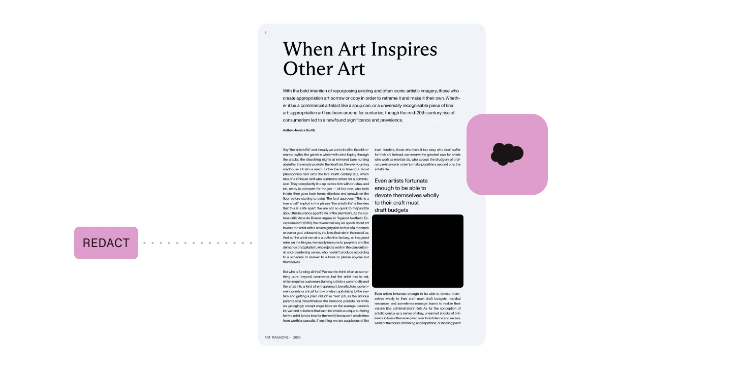 A PDF document with redacted sections visible, managed inside Salesforce