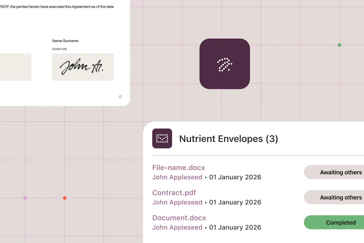 A signed agreement with a handwritten signature alongside the Nutrient Envelopes panel showing three documents with Awaiting others and Completed statuses