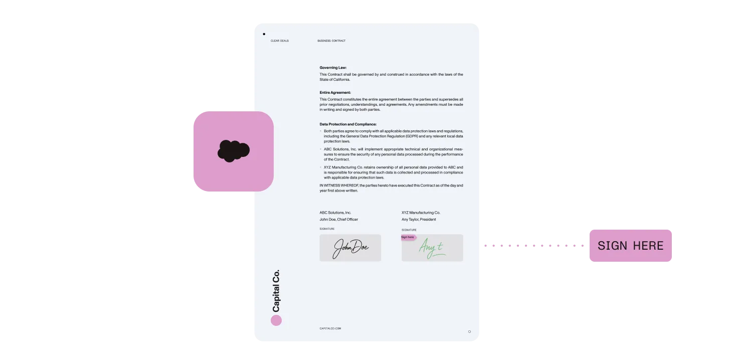 A business contract with two signatures from both parties and a Sign Here prompt indicating where to complete signing