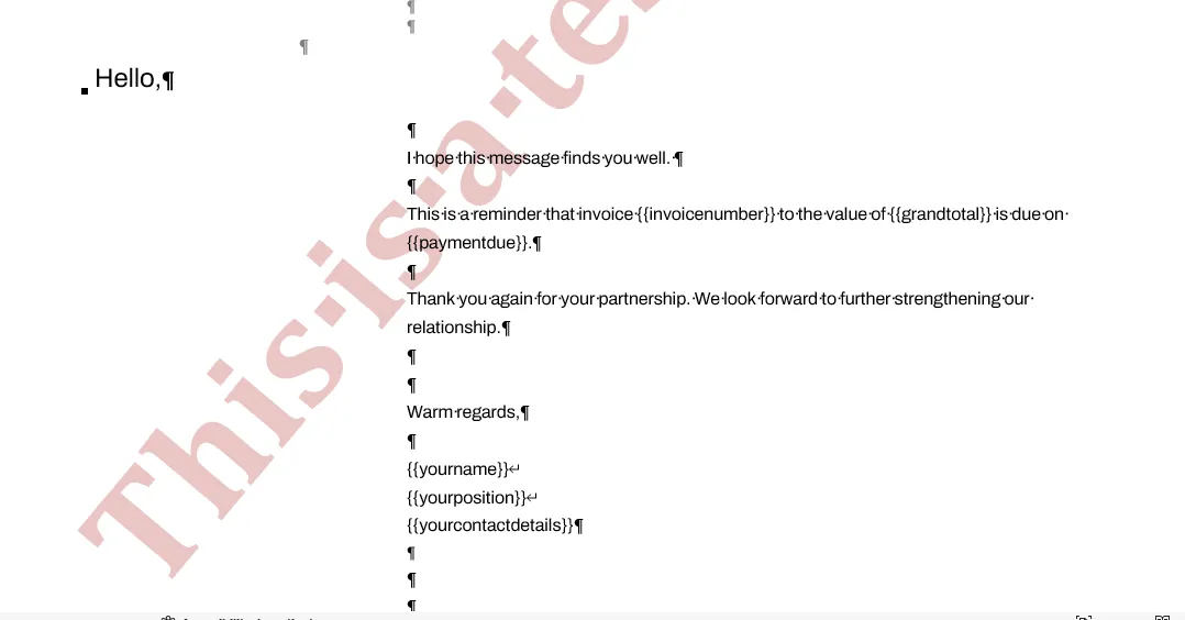 Word template showing placeholders for name, invoice number, payment due date, and contact information