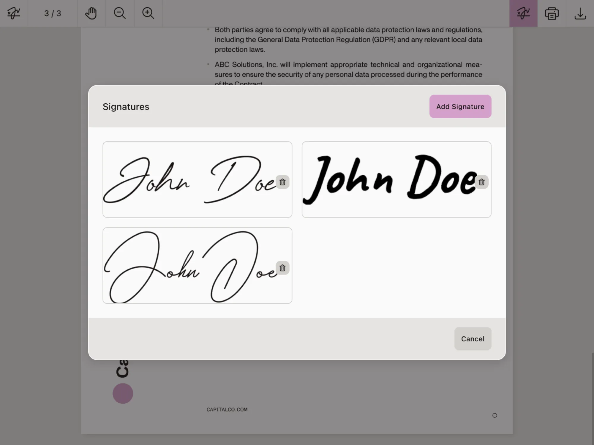 Screenshot showing list with two signatures: John Appleseed and J.A.