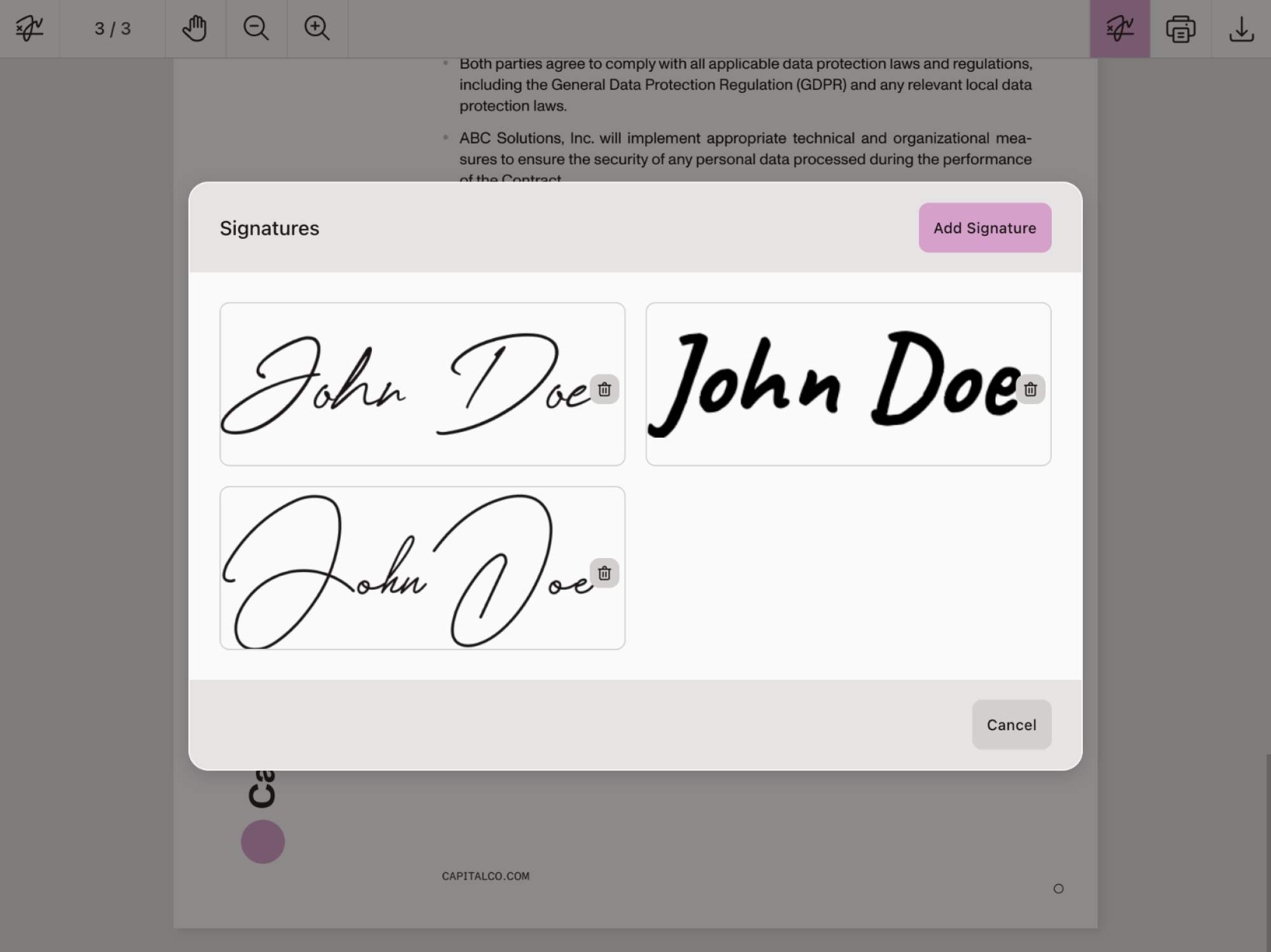 Screenshot showing list with two signatures: John Appleseed and J.A.