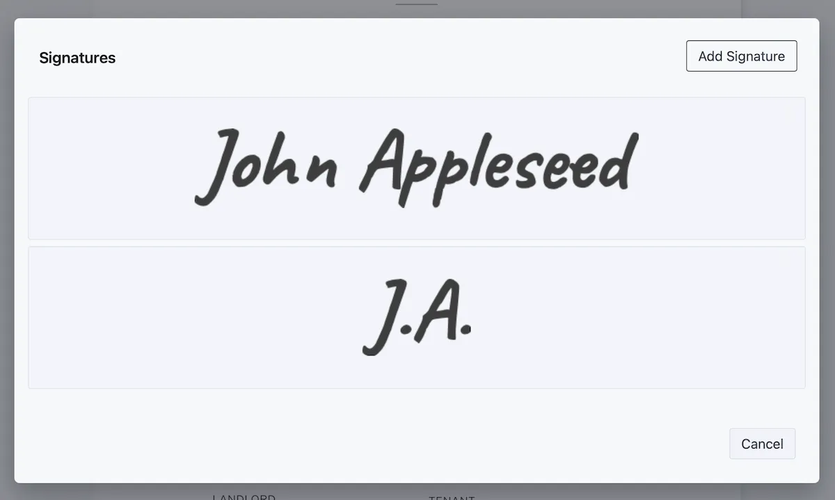 Screenshot showing list with two signatures: John Appleseed and J.A.